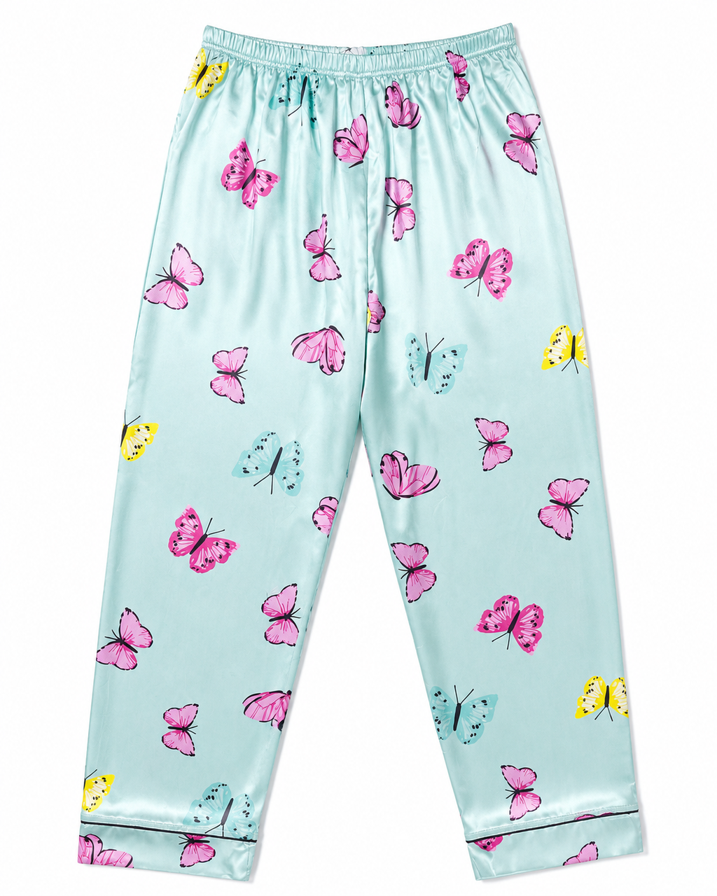 Butterfly Print Satin Pajama Set — pants flat lay