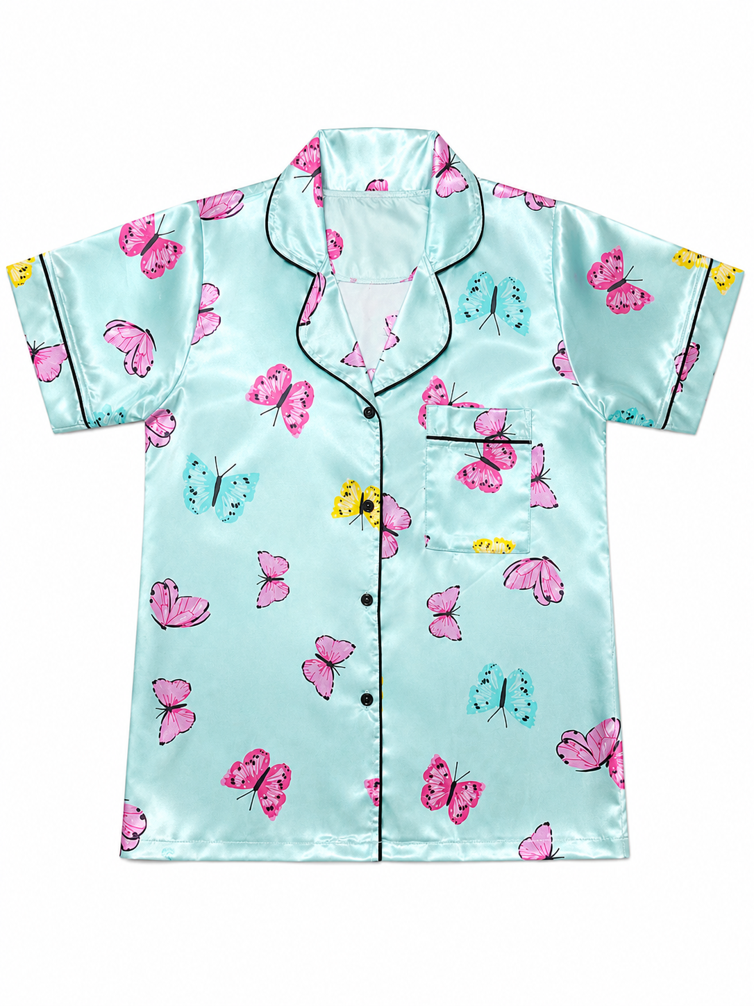 Butterfly Print Satin Pajama Set — top flat lay