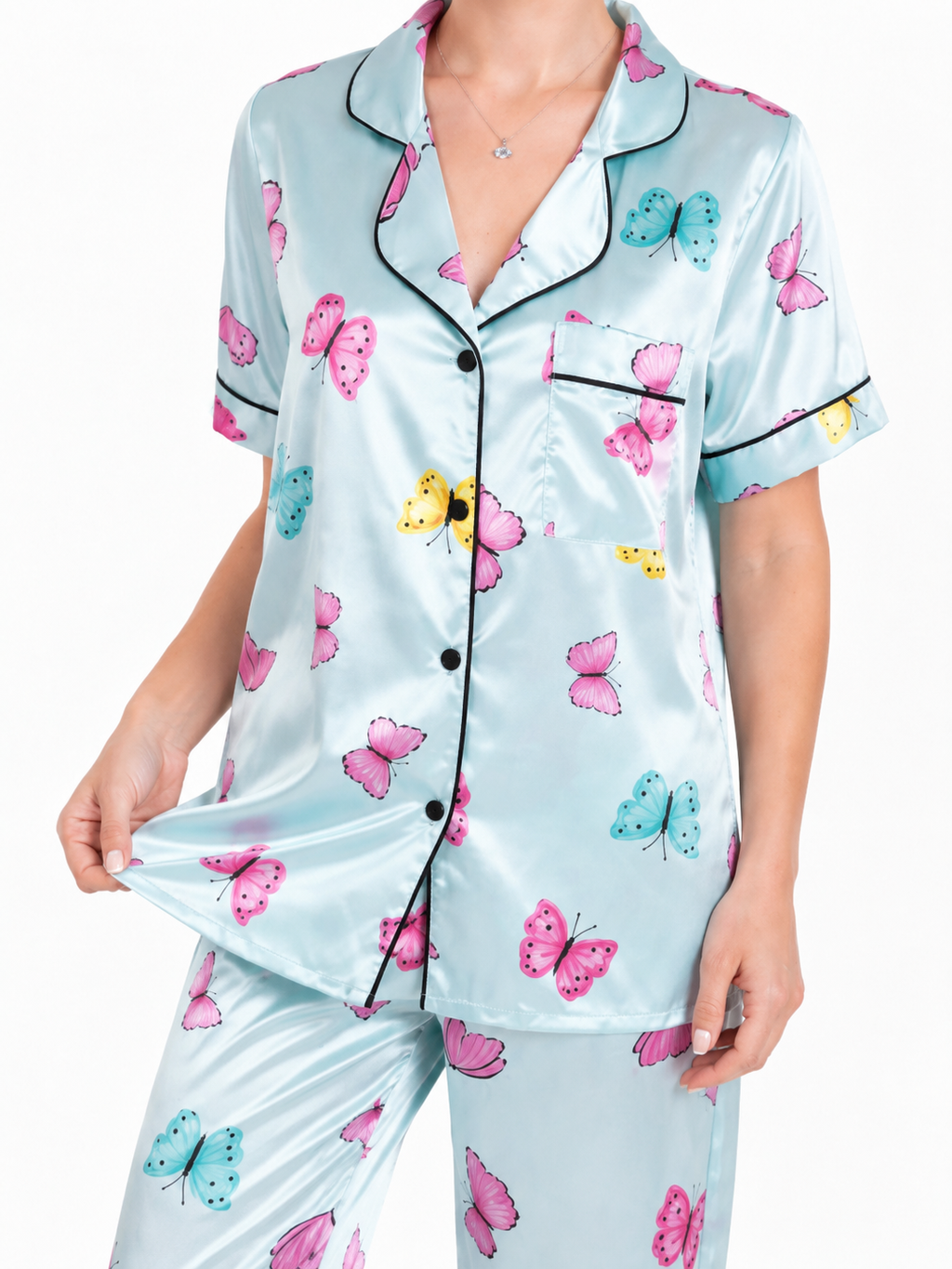 Butterfly Print Satin Pajama Set — studio close-up
