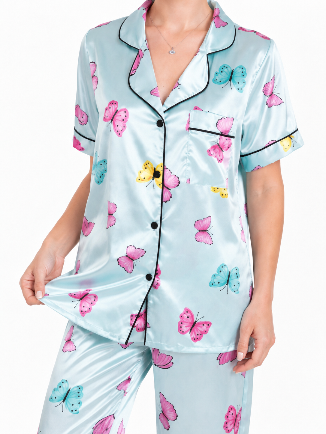 Butterfly Print Satin Pajama Set — studio close-up