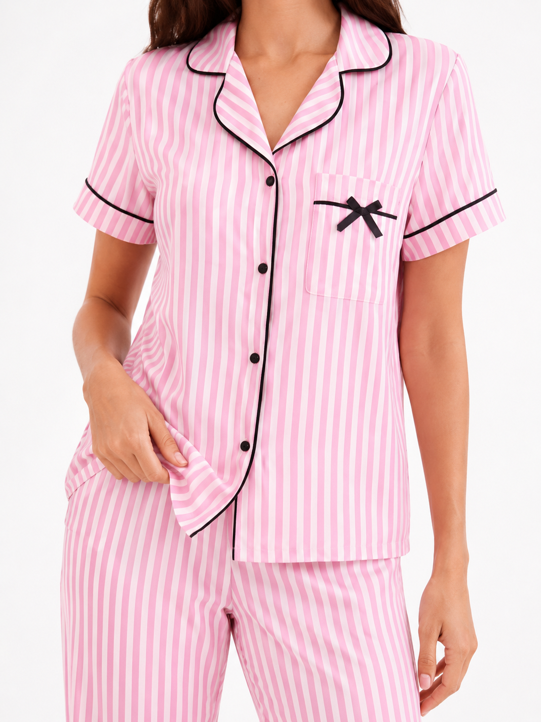 Pink Stripe Satin Pajama Set with pants — studio close-up