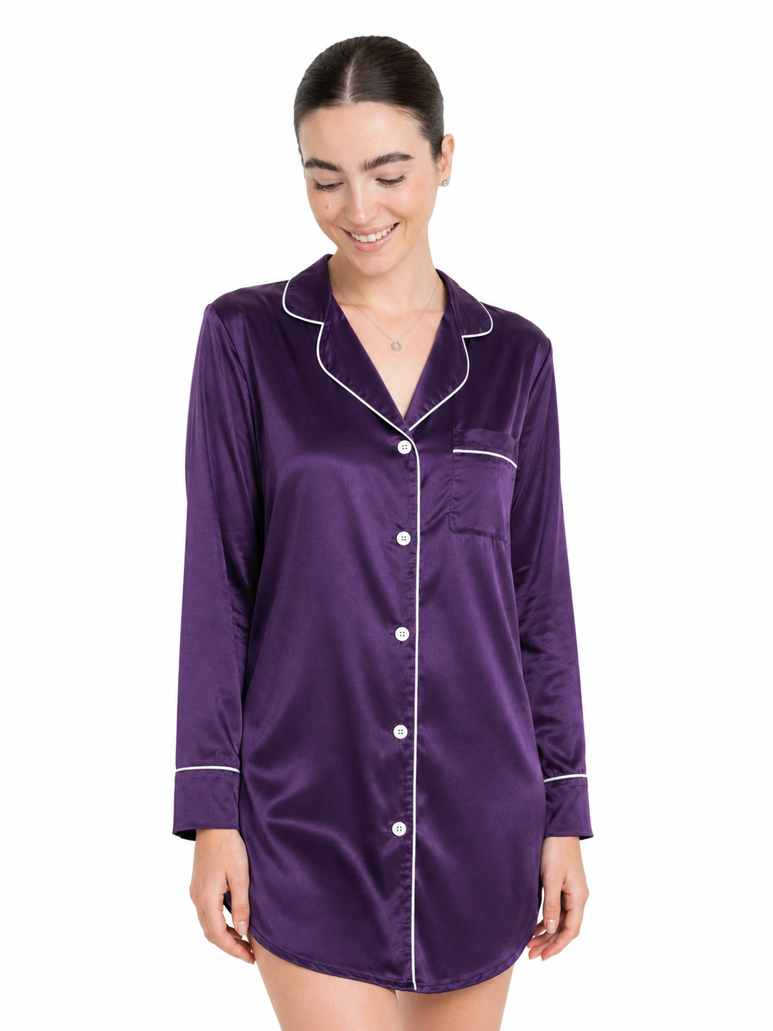 Classic Satin Sleep Shirt in Purple — studio shot