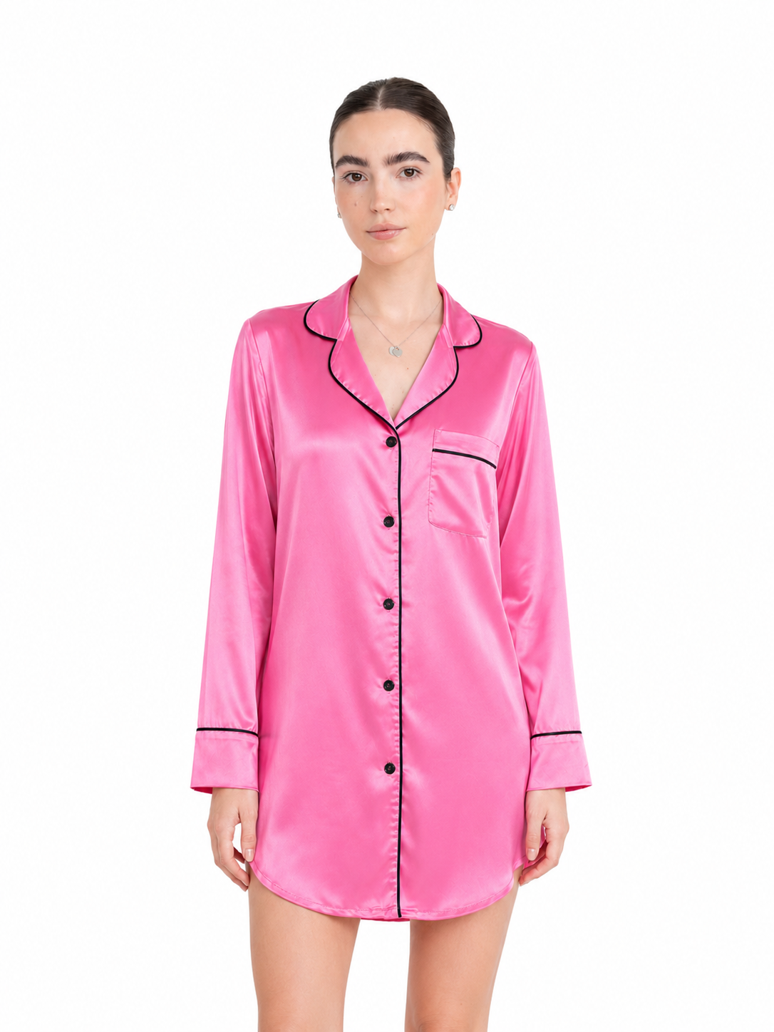 Classic Satin Sleep Shirt in Pink — studio shot