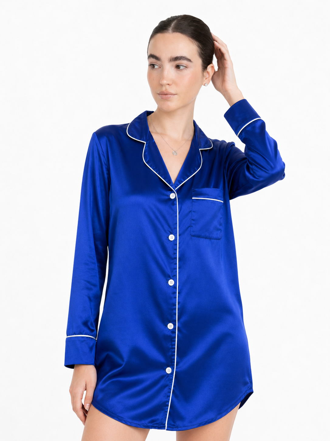 Classic Satin Sleep Shirt in Royal Blue — studio shot