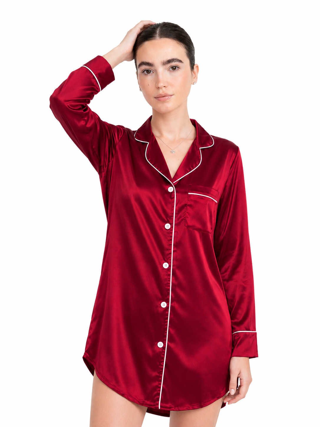 Classic Satin Sleep Shirt in Burgundy — studio shot