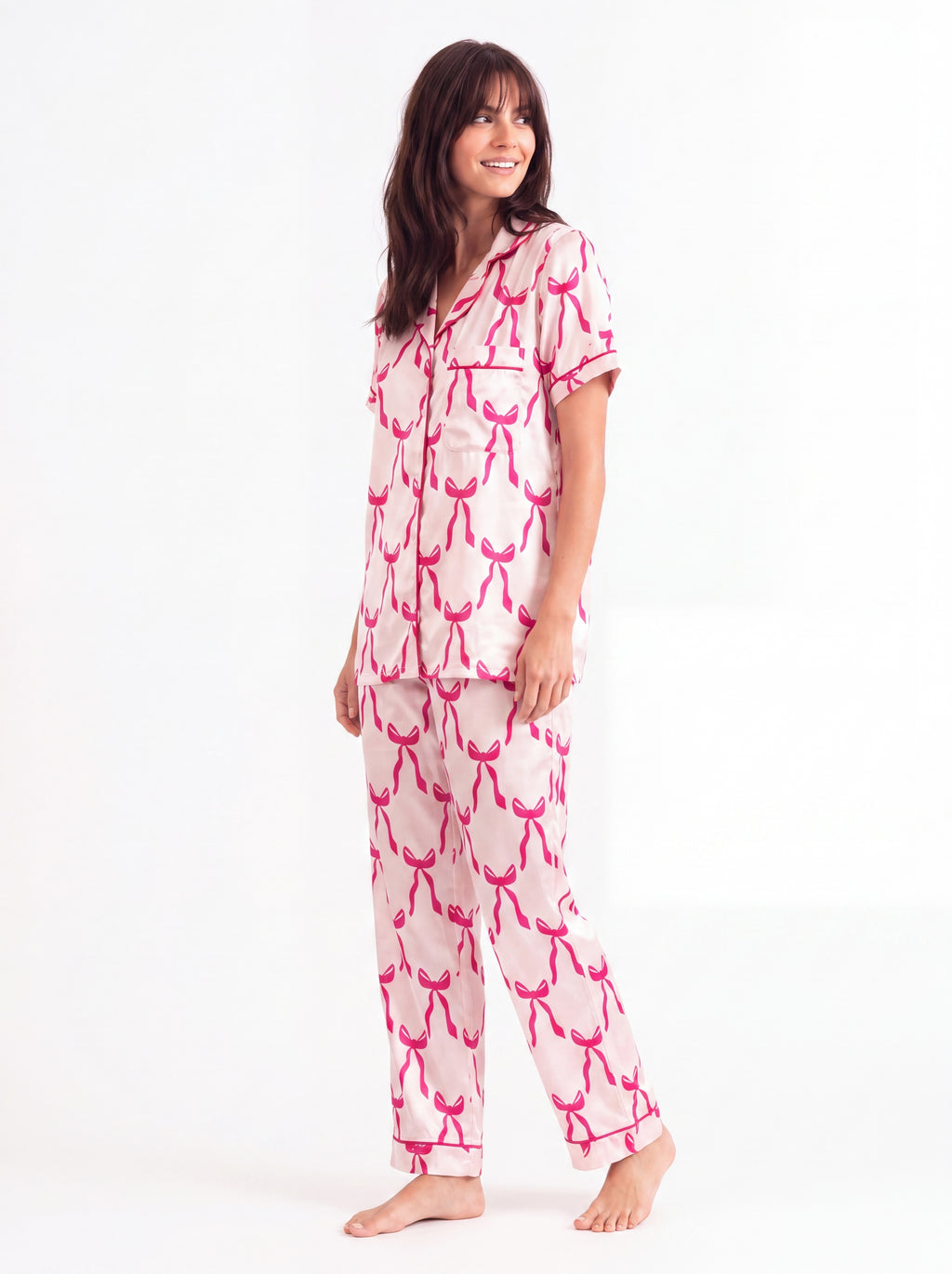 Pink bow satin pajama set lifestyle