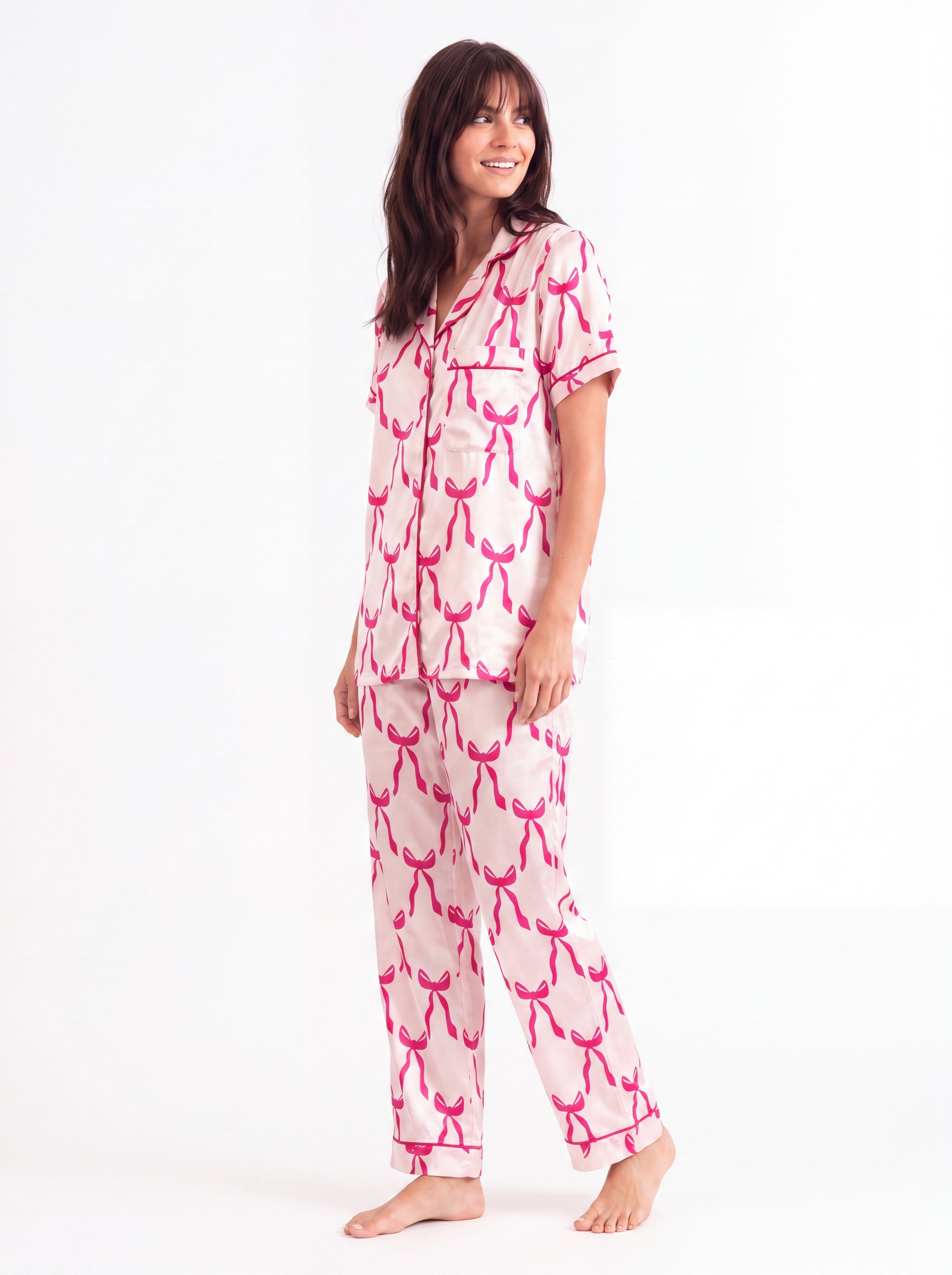 Pink bow satin pajama set lifestyle