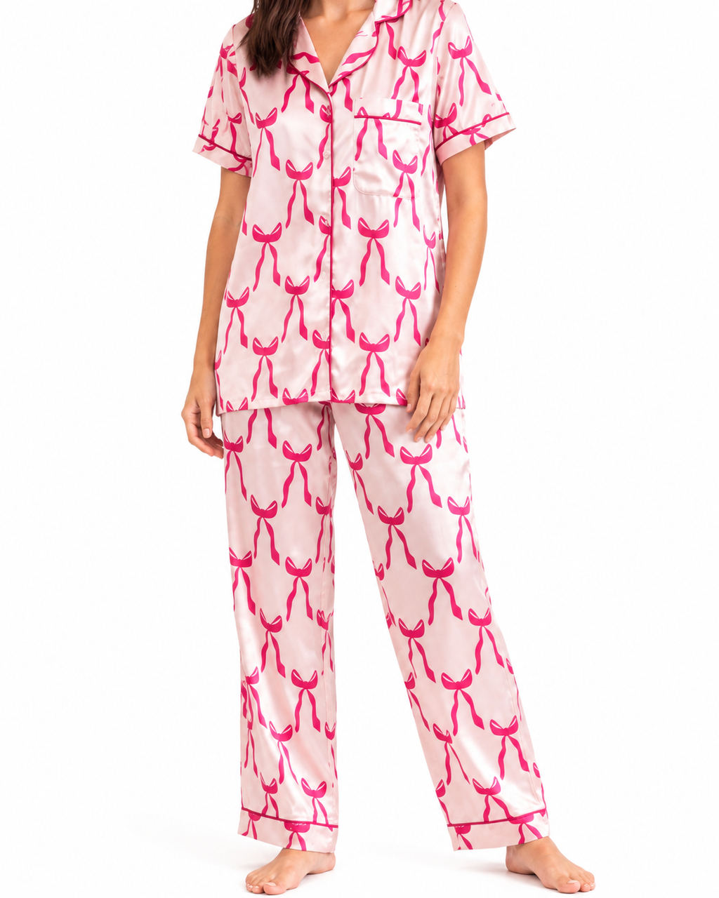 Pink bow satin pajama set front