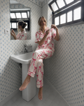 Pink bow satin pajama pants