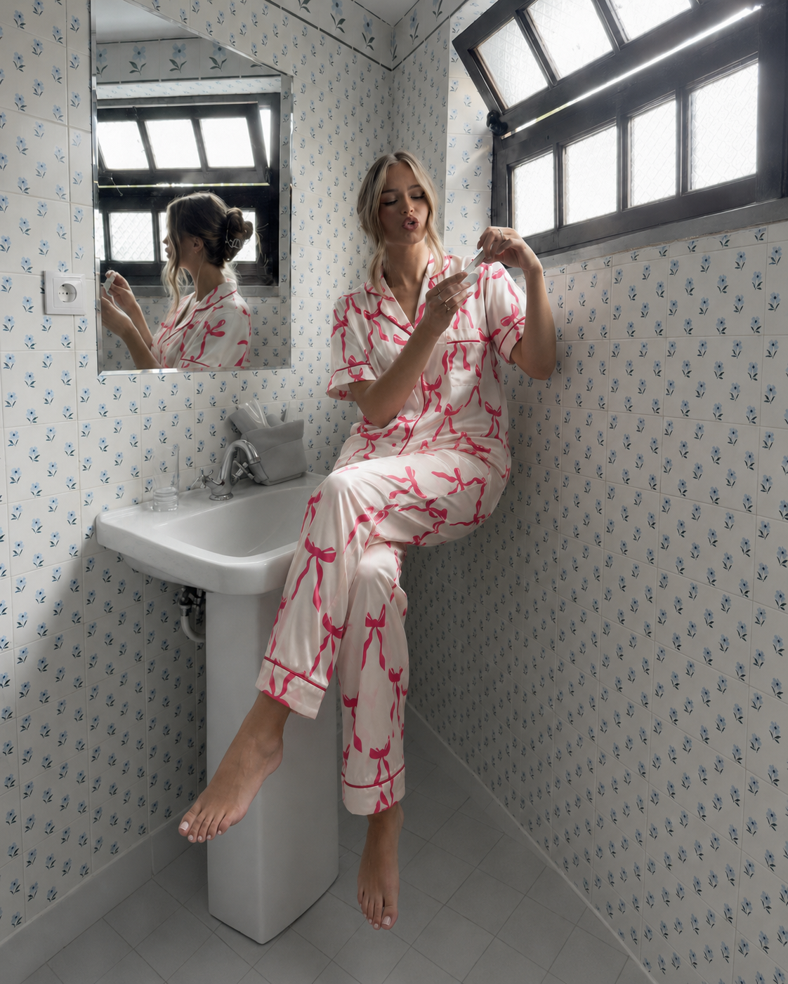 Pink bow satin pajama pants