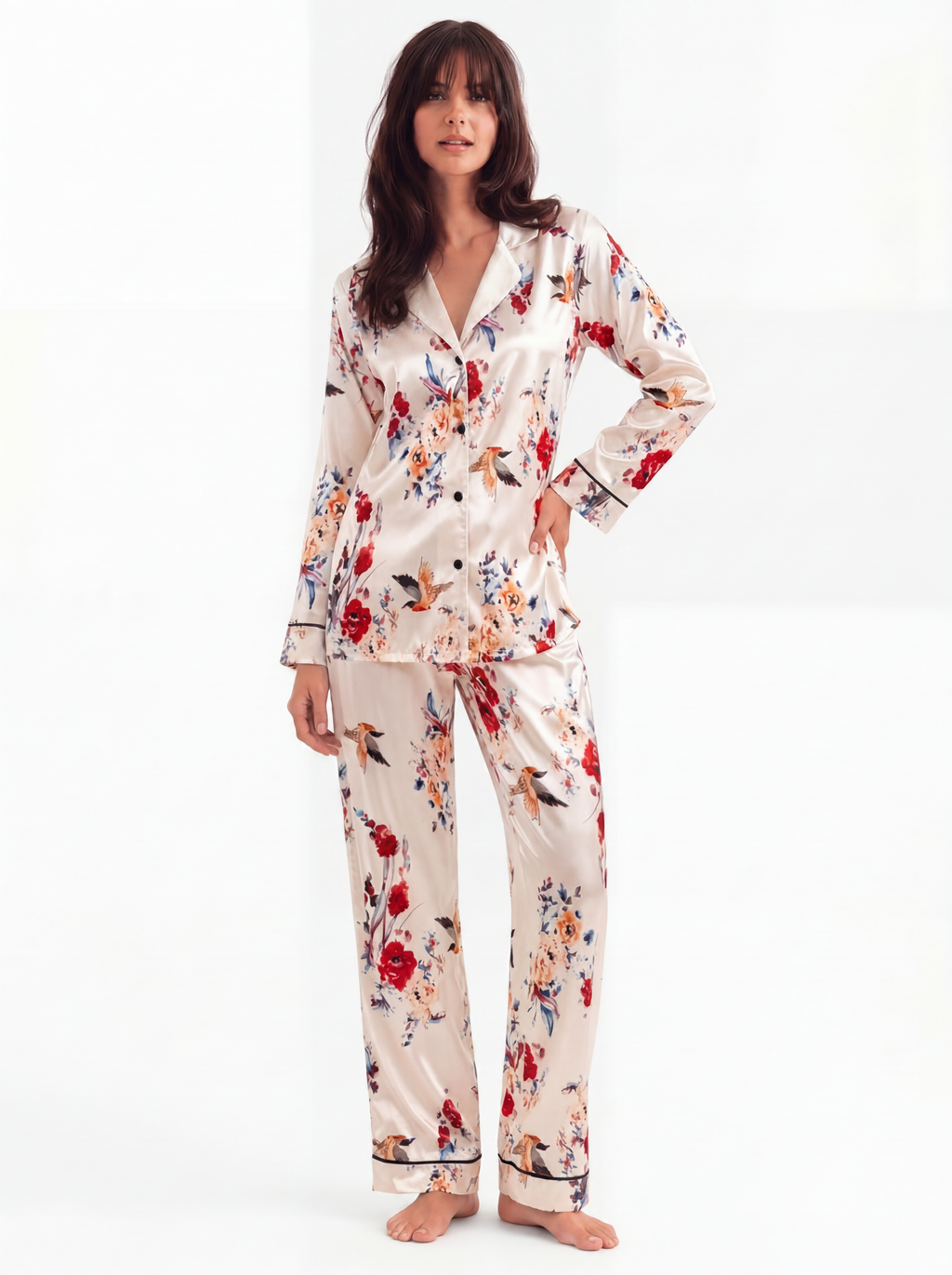 Floral bird print satin pajama set lifestyle