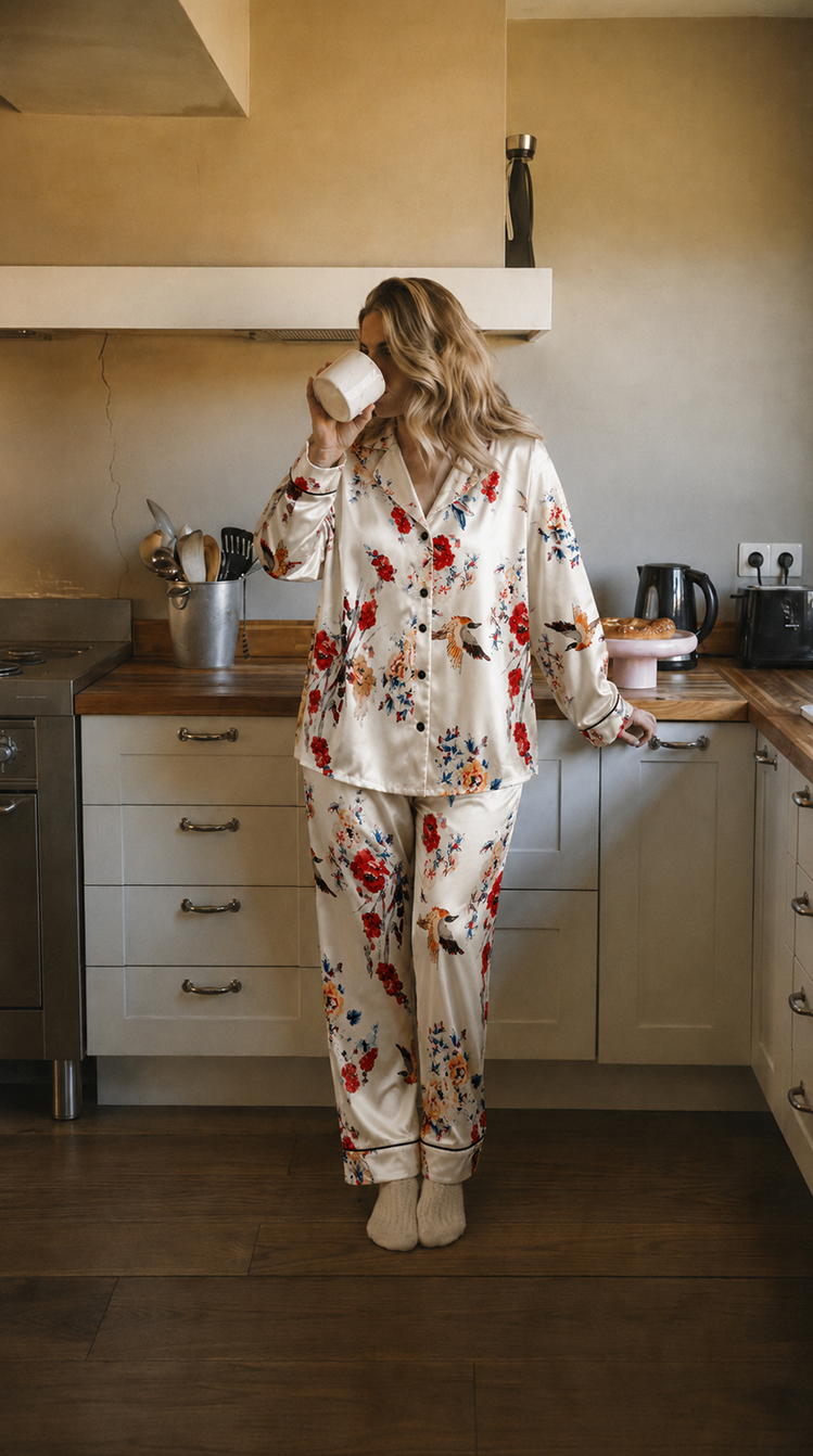 Floral satin pajama set detail