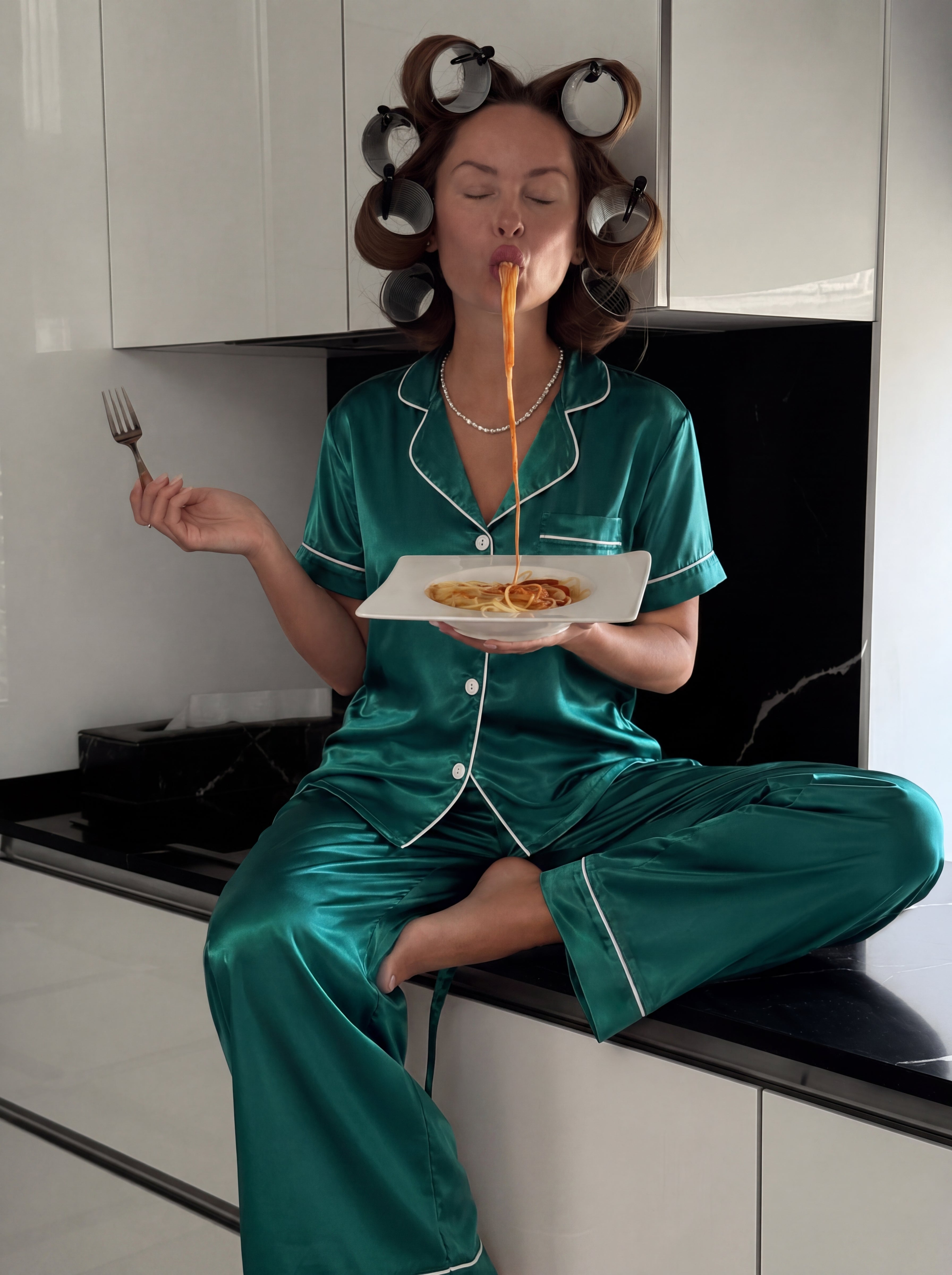 Emerald green satin pajama set lifestyle
