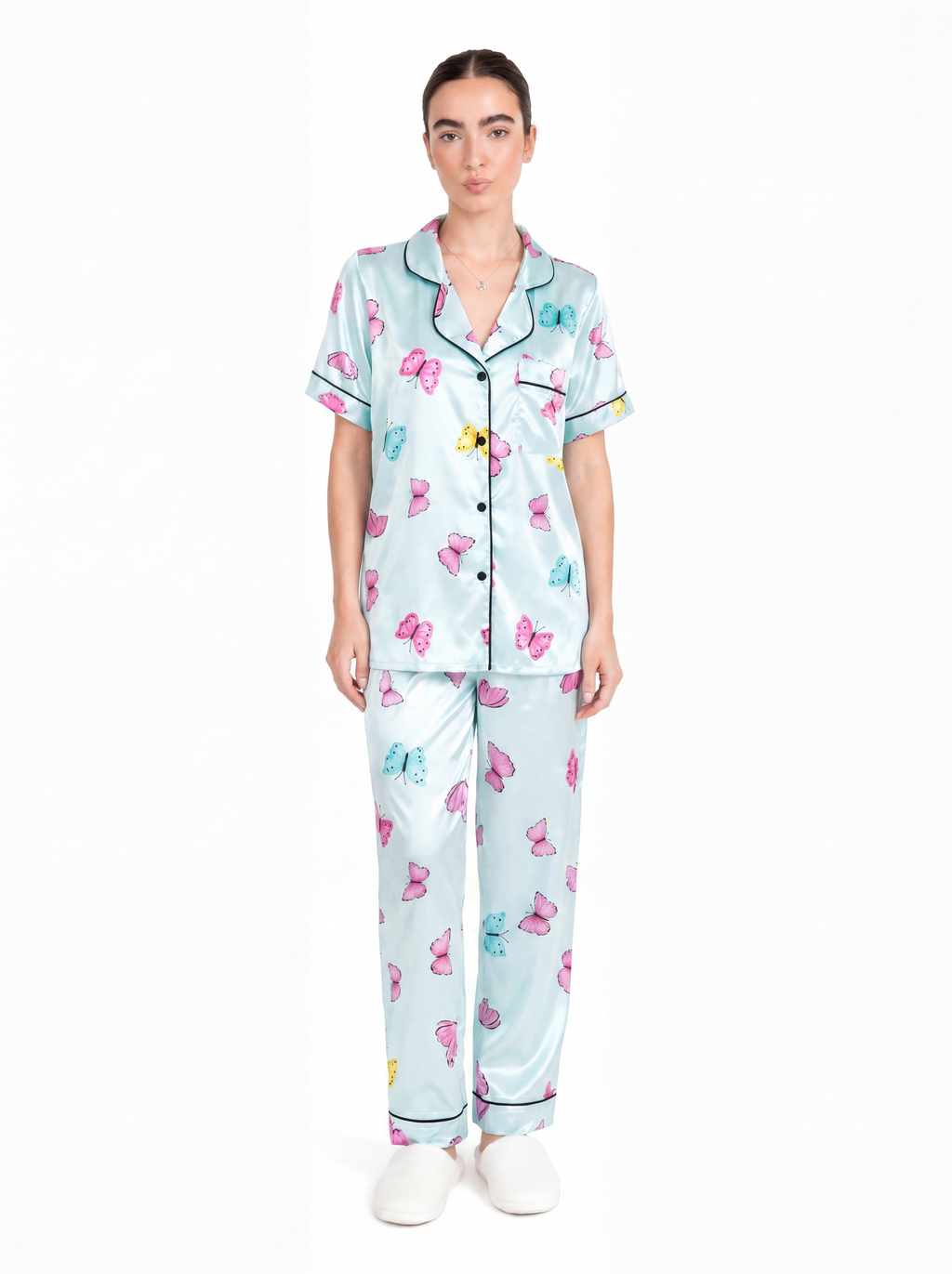 Butterfly Print Satin Pajama Set — studio full body