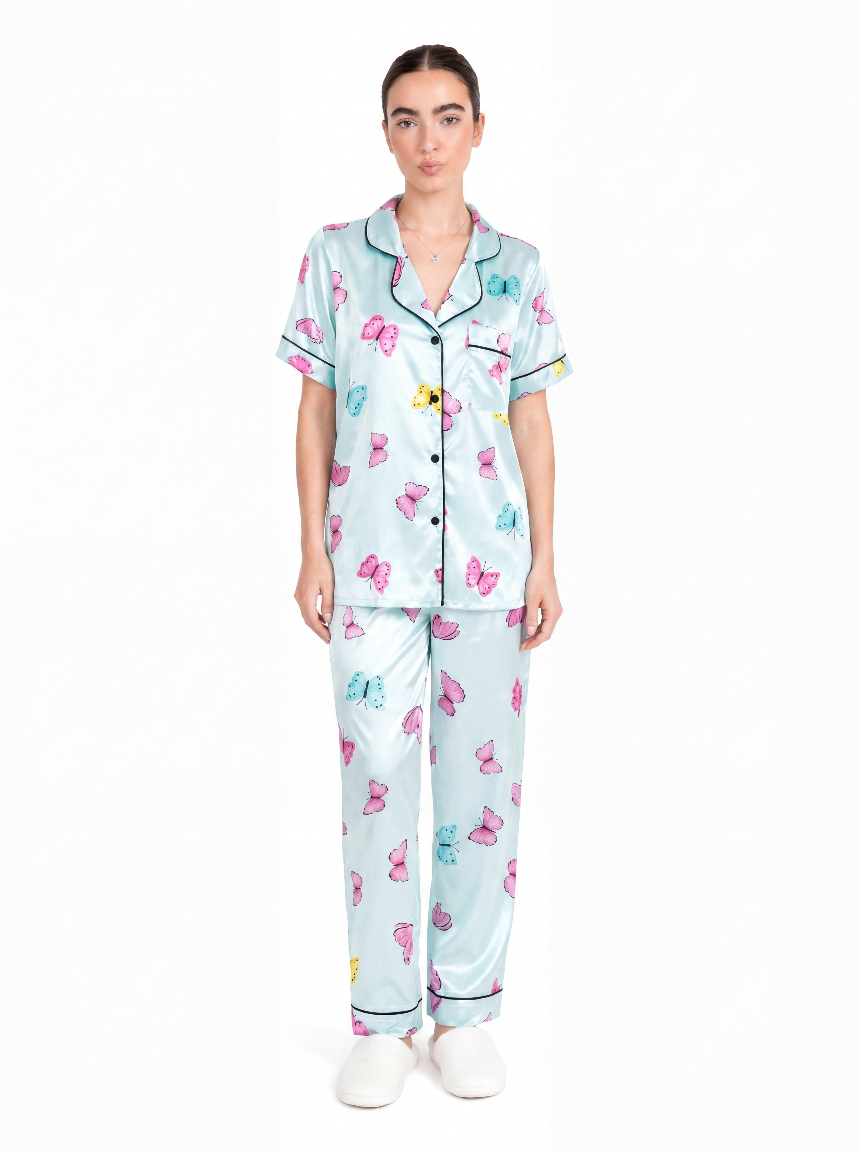 Butterfly Print Satin Pajama Set — studio full body