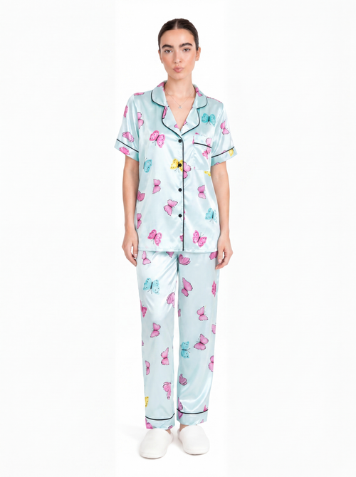Butterfly Print Satin Pajama Set — studio full body