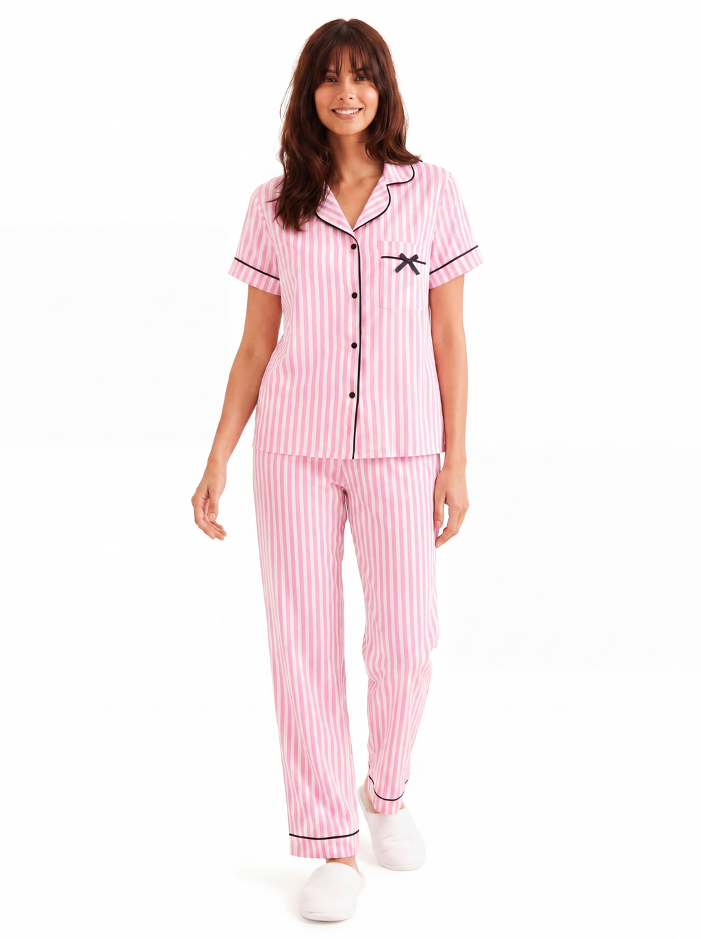Pink Stripe Satin Pajama Set with pants — studio full body