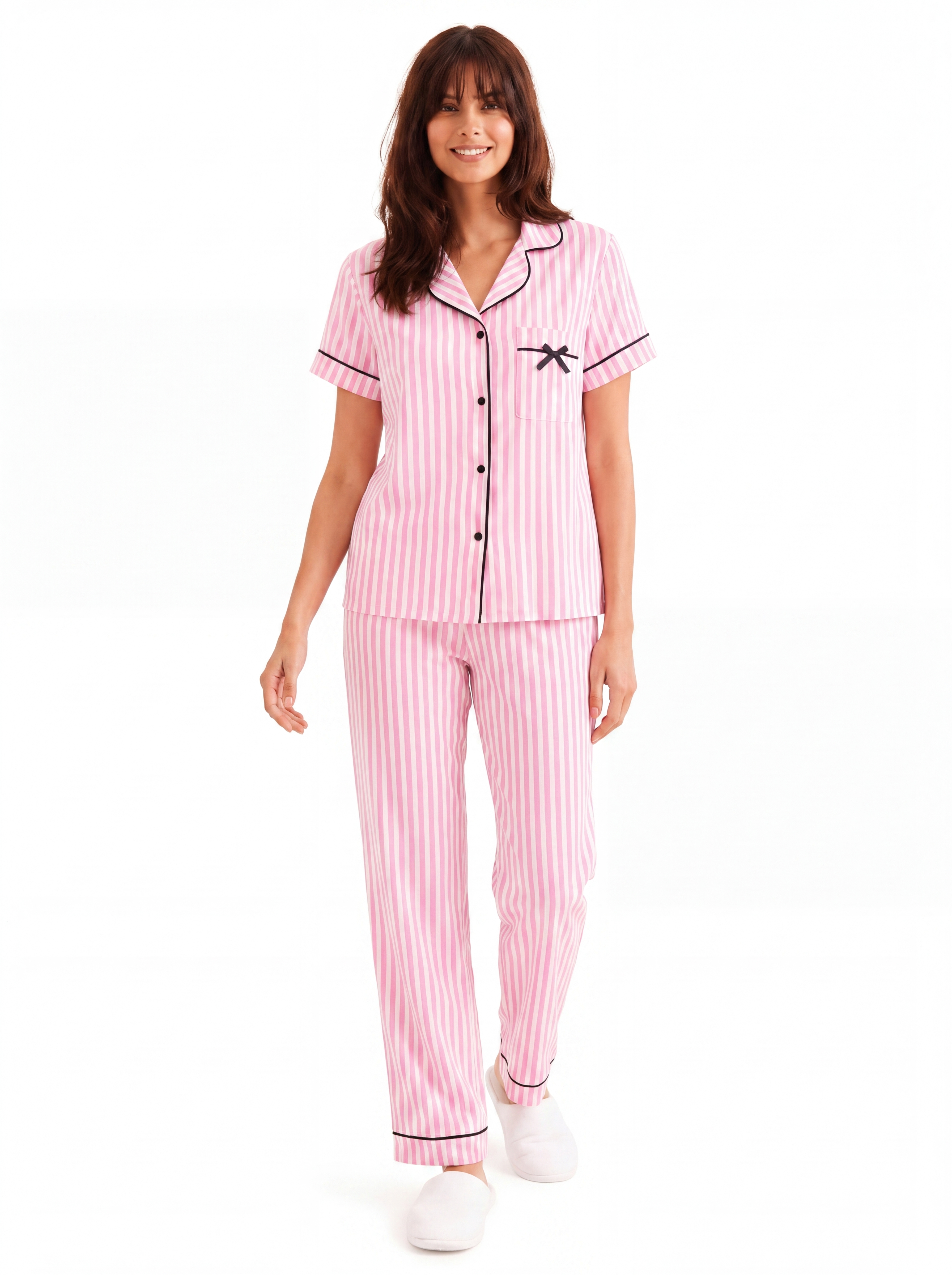 Pink Stripe Satin Pajama Set with pants — studio full body